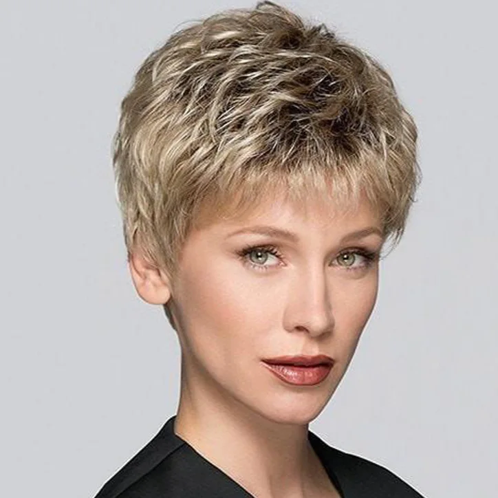 

Euro-American white lady synthetic wig headpiece with fluffy short hair, fashionable and elegant hairstyle suitable daily wear
