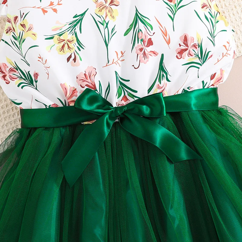 2024 Summer New Arrival Girls Sleeveless O Neck Ruffles Print Floral Green Designer Cute Party Princess Dress Custume 8-12T