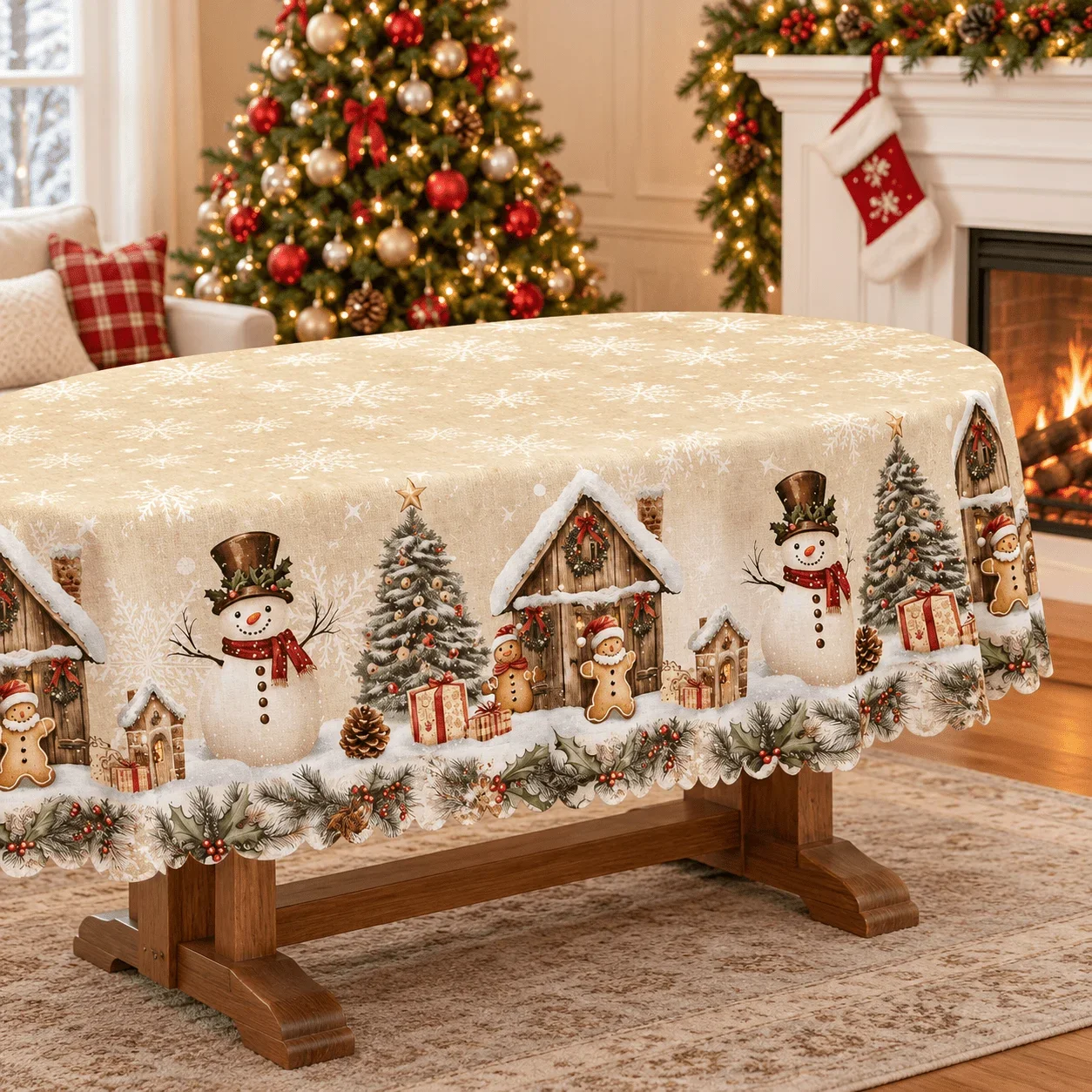 1. Oval tablecloth, Christmas rice gold snowflake print polyester tablecloth, snowman, gingerbread figure, snow house