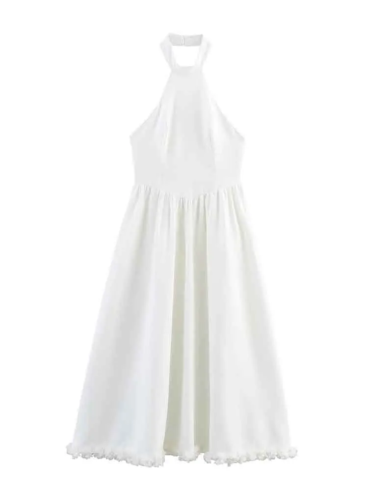 

European style new women's fashion simple solid color sleeveless three-dimensional flower decoration halter neck dress