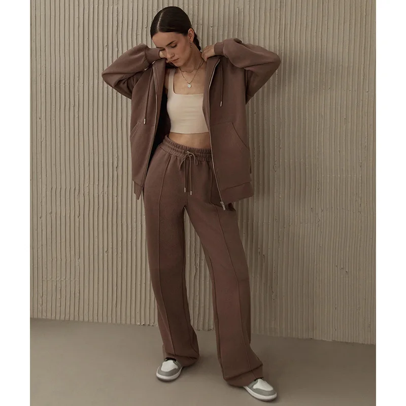 

Zipper Hoodie Set For Autumn Winter 2024, Fashionable Simple Hooded Jacket+Straight Leg Pants And Sweatpants