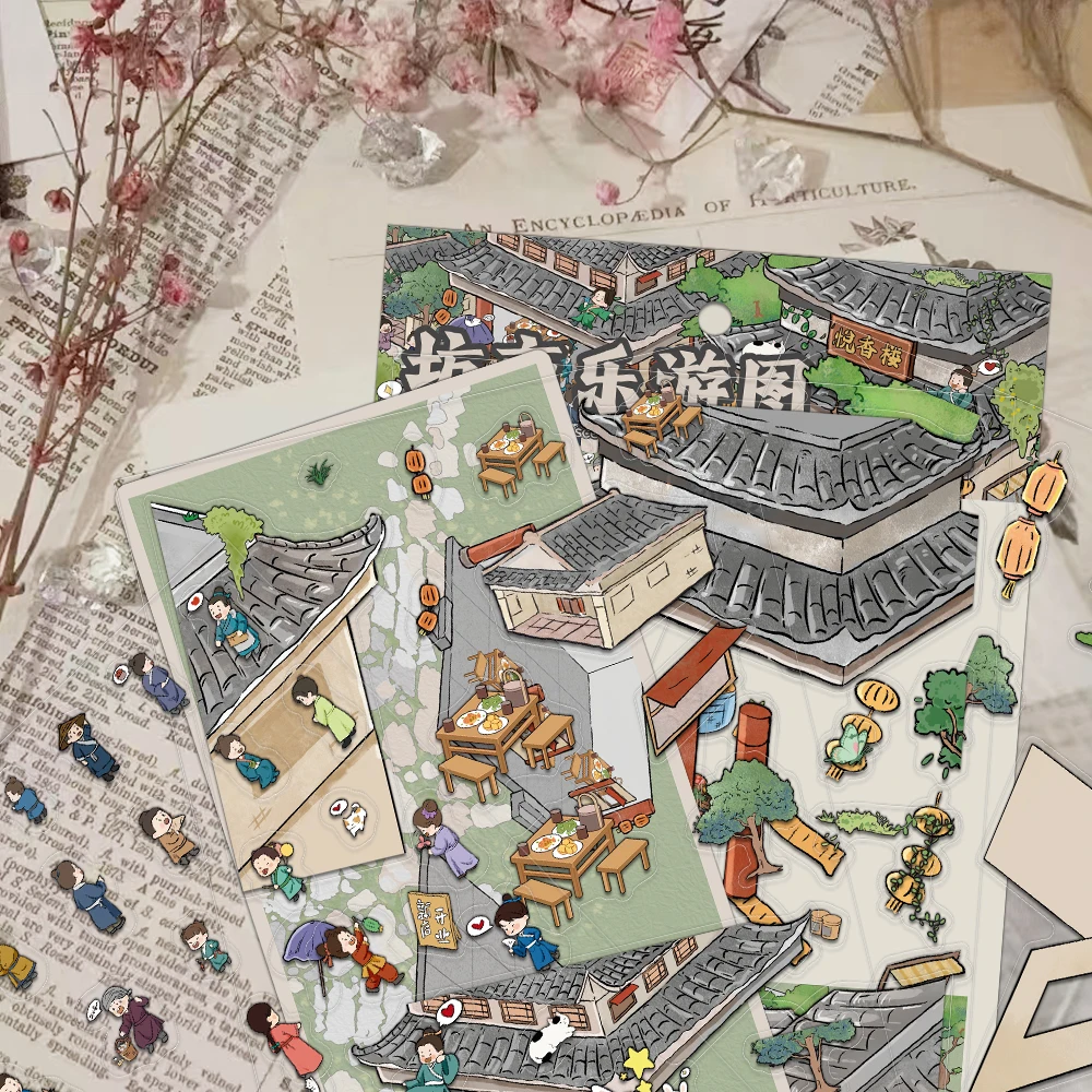 4 قطع من ملصقات المناظر الطبيعية Creative Mini Srink World Square City Le You Tu DIY ملصقات مادة PET لتخفيف الضغط