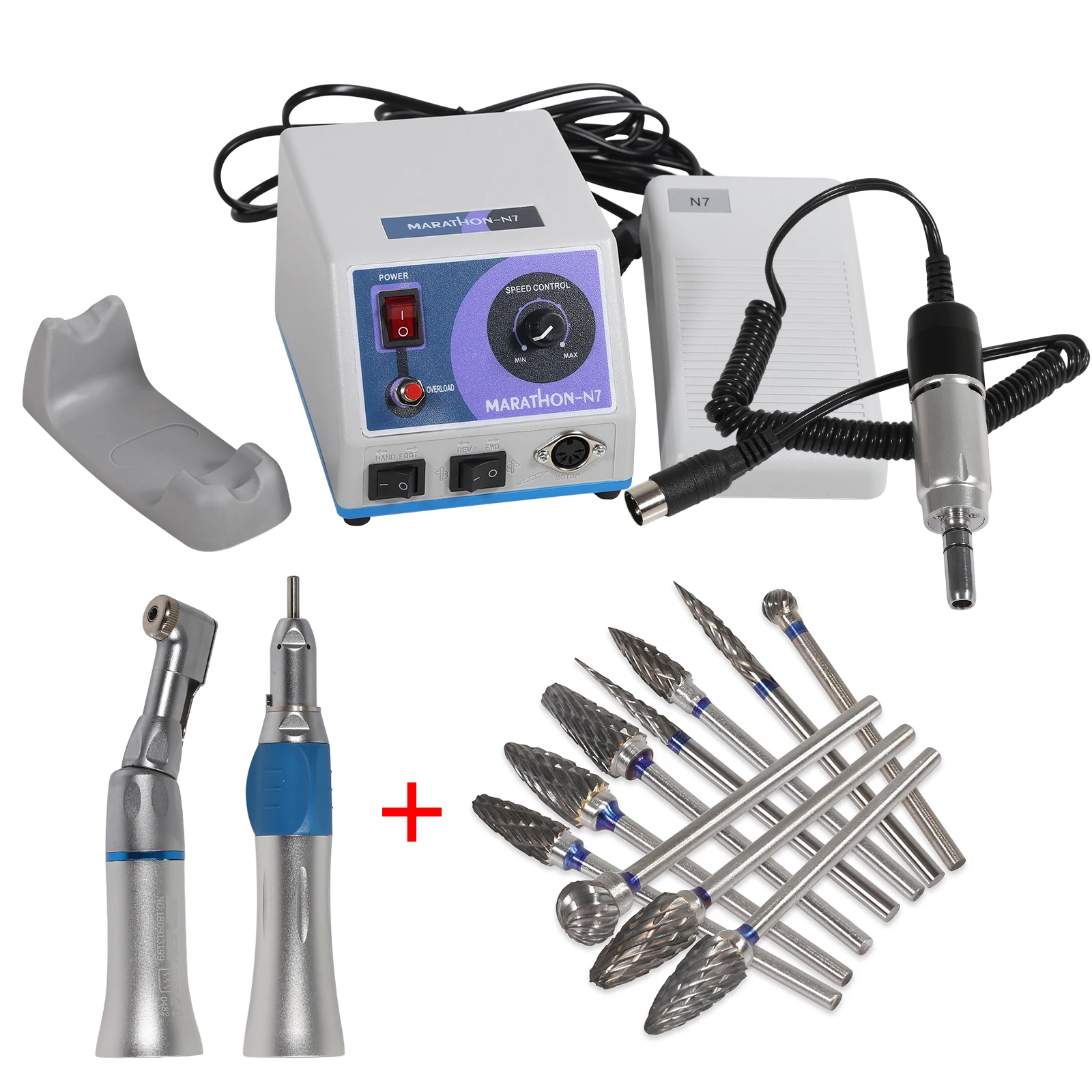 Dental Equipment 110V/220V N7 Marathon Micromotor Foot Control+ Contra angle straight Low Speed Handpiece + Polisher Burs Kit