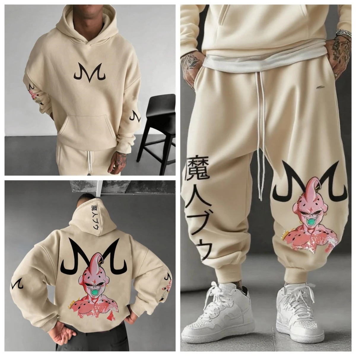 

Majin Buu кремовый комплект с капюшоном и брюками в стиле аниме, хлопковый свободный крой спереди и сзади с принтом, японский текст, уличная одежда, повседневный графический персонаж