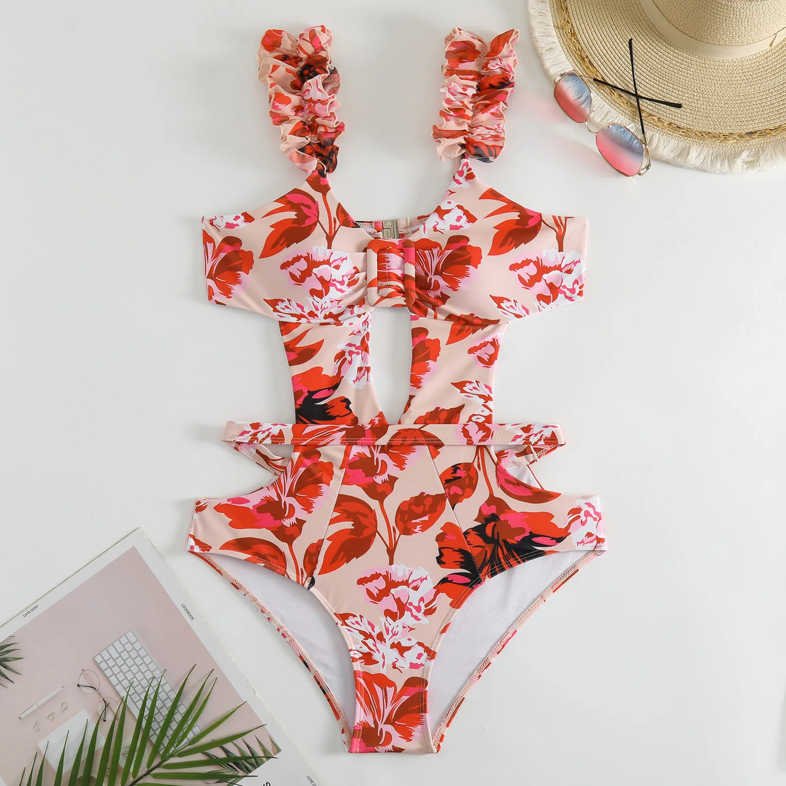 2026 Floral Print Shoulder Ruffle One Piece Swimsuit With Cover Up Women Swimwear Sexy Swim Suit Monokini Bodysuit Bathing Suit