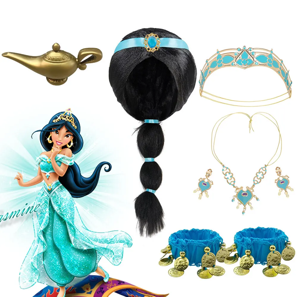 DegradTale Princess Cosplay Sauna Gear, Aladdin, Jasmine Wig, Tiara Girl, Comic Con, Raiponce, Aurore, Poivre, Accessoires de fête, Cheveux, 2-10 ans