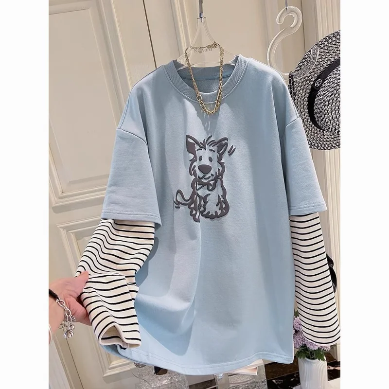 

Поддельная двухсекционная футболка с длинными рукавами, женская тонкая весенняя футболка из чистого хлопка, свободный полосатый низ