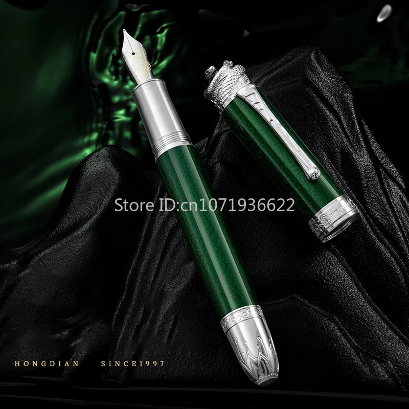 Hongdian N25 Ular Tahun Terbatas Resin Logam Hijau/Biru Pena Piston Ular Permata Pena Klip NO.6 Ujung Pena Hadiah Menulis Siswa Bisnis