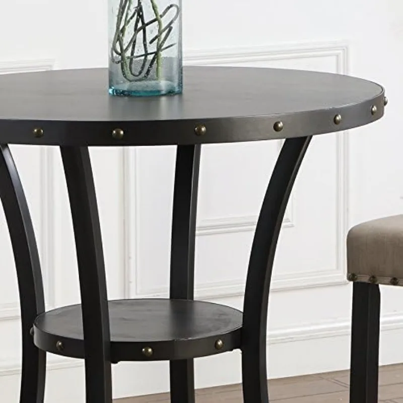 Round Espresso Bar Table with Nailhead Stools Table and Chairs Set