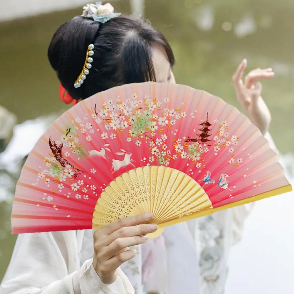 2023 Chinese Style Silk Folding Fan with Tassels Elegant Bamboo Bone Party Ornaments Decorative Folding Fan Wedding Party Decor