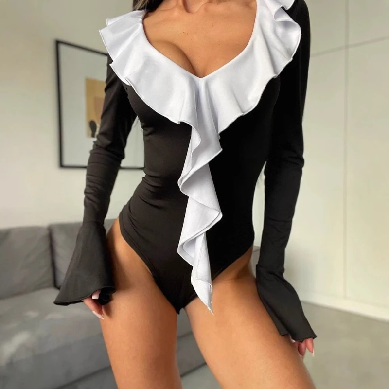 

Top Women Skinny Ruffled Bodysuits V Neck One Piece Combination Onesie Ins Fashion Long Sleeves Flare Sleeves Solid Rompers