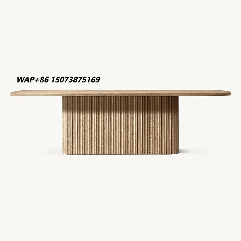 Dream Home Weathered Natural Oak Dining Table Full Length Fluted Solid Base Organic Racetrack Top High End Interior Dining Table