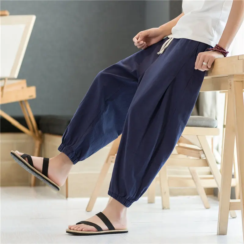 

Loose Linen Cotton Casual Pants for Men Summer Nine Points Cuffed Trousers Faionable Brand Youthful Sle Thin Fabric