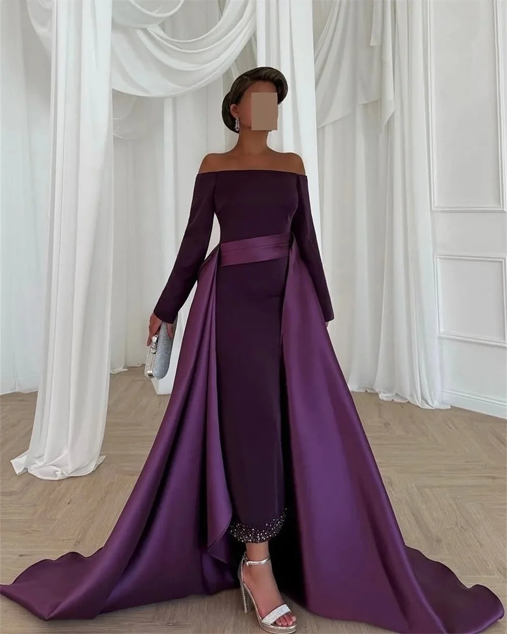 

Purple Beaded Long Sleeves Bespoke Occasion Gown Evening Dresses Prom Pastrol Unisex Jersey Retro Dubai Saudi Arabic Customized