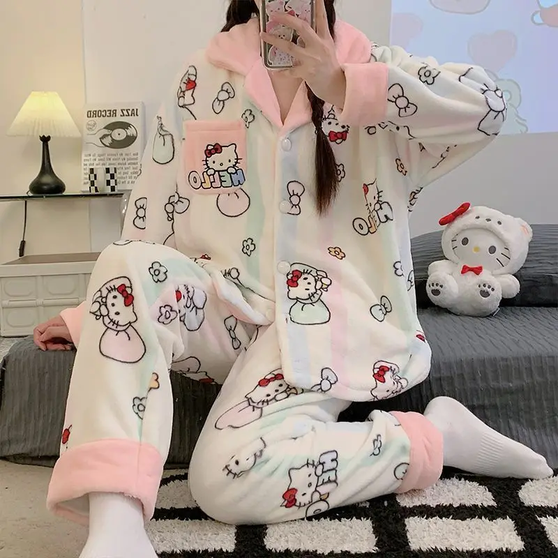 

Sanrio Hello Kitty женский пижамный комплект, новая зимняя милая фланелевая утолщенная плюшевая теплая свободная домашняя одежда с длинными рукавами, одежда для сна