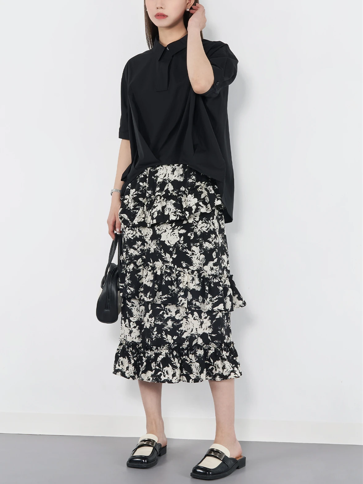 Primavera verão novo chiffon feminino saias de comprimento médio impresso cintura elástica temperamento senhoras em camadas plissado borda vestidos