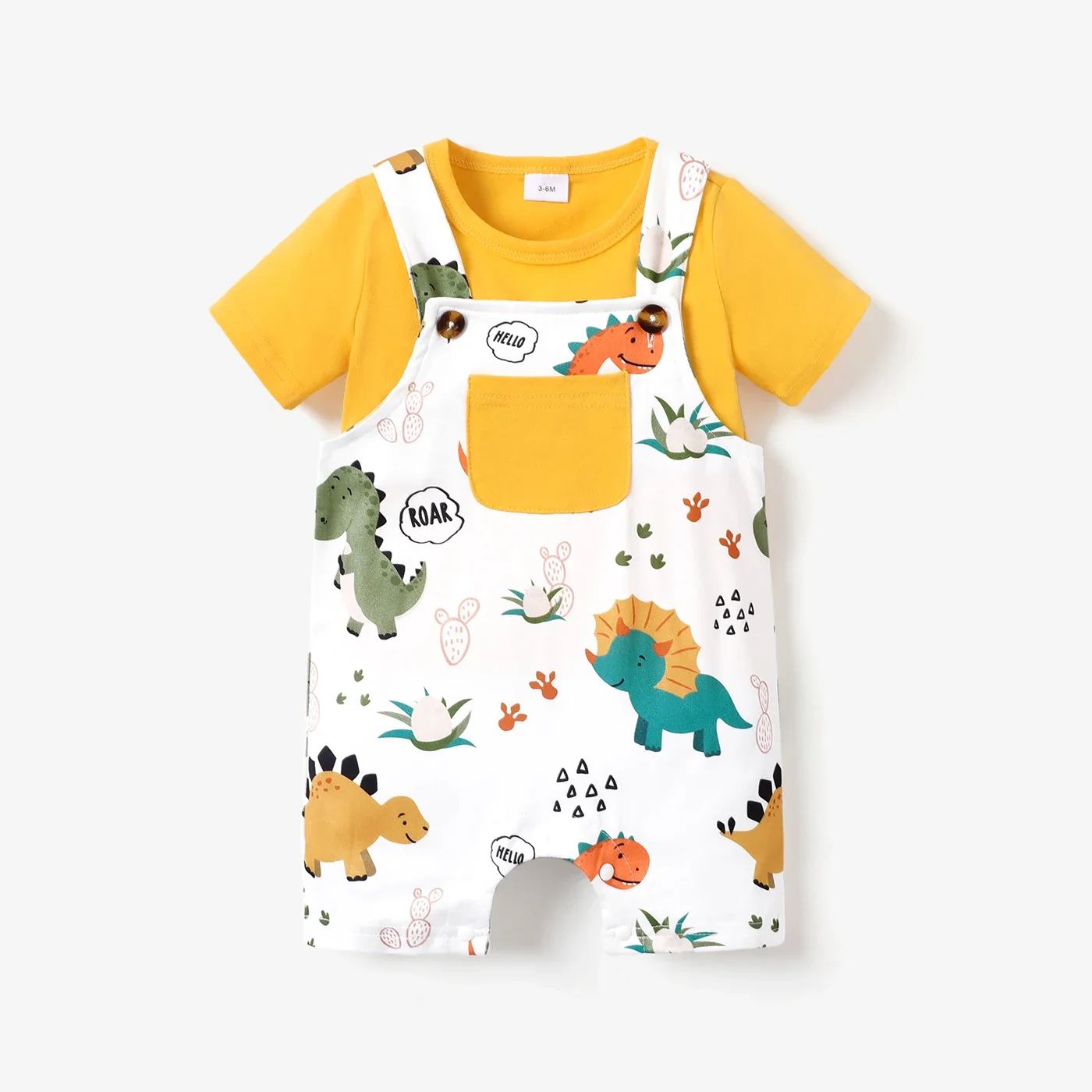 PatPat 2pcs Baby Boy Short-sleeve Solid Tee and Allover Dinosaur Print Overall Romper Set Soft and Comfortable