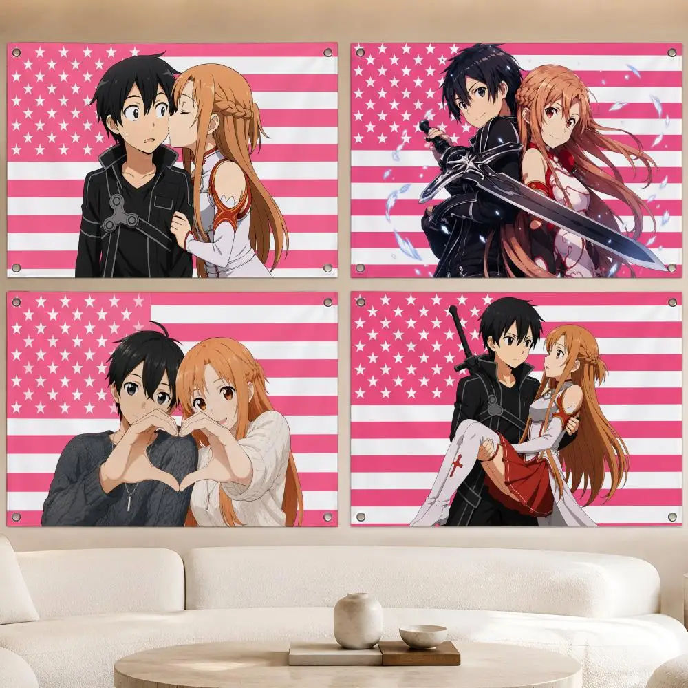 Anime K-Kirito x Asuna SAO Couple Flags Fan Banner Tapestry Wall Hanging Garage BarDorm Camp Party Outdoor Home Decor Gift