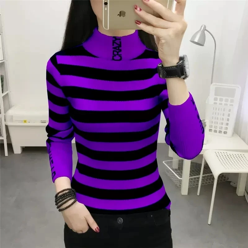 Autumn Winter Women Stripe Pullover Sweater half-turtleneck bottom Clothes Women High Neck Slim Basic Sweaters Tops M-3XL