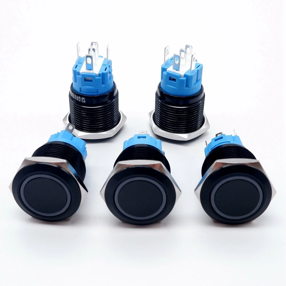 5PCS Black Push Button Switch 16/19/22mm Waterproof Led Car Light Metal Flat Momentary Fixation Start Switches 5V 12V 24V 220V