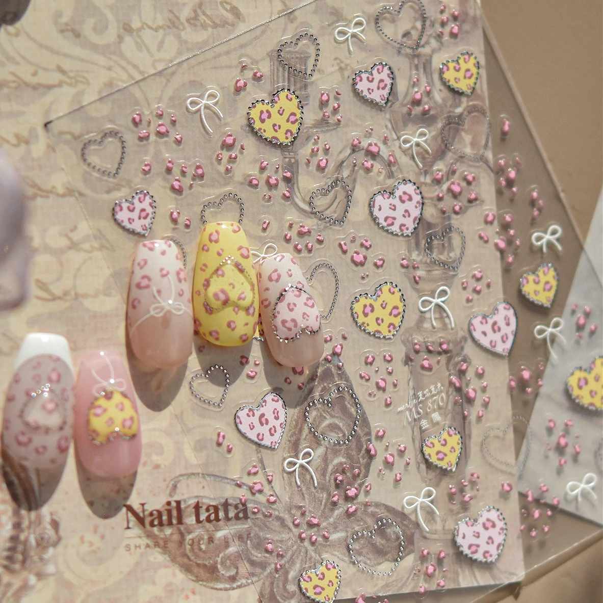 

Pink Yellow Charm Leopard Print Love Heart Bowknot Denim Fabric Pentagram Star Punk Polka Dot Clock Y2K Nail Art Stickers Decals