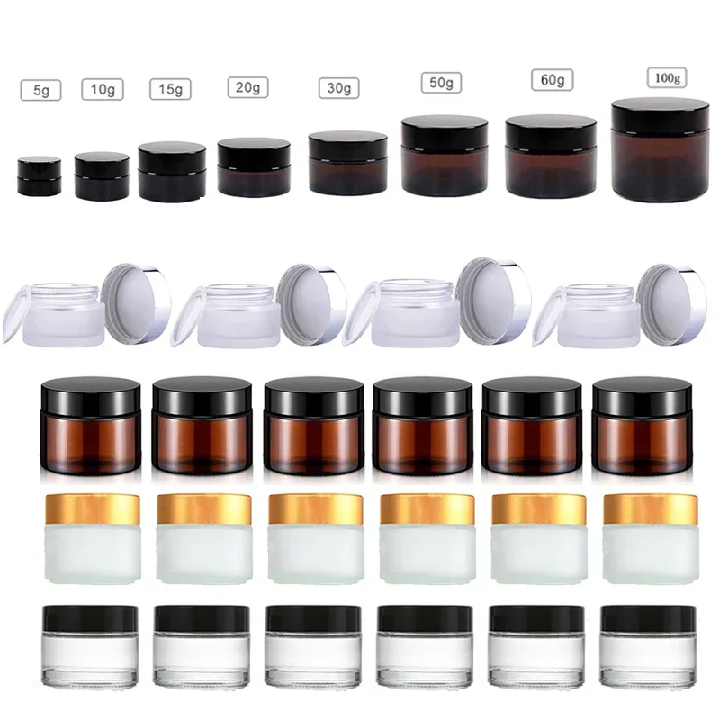 Pots ronds en verre ambré avec doublures intérieures et flacons veds pour baume, crème de gratitude, fard à barrage, poudres à ongles, 5g, 10g, 20g, 30g, 50g