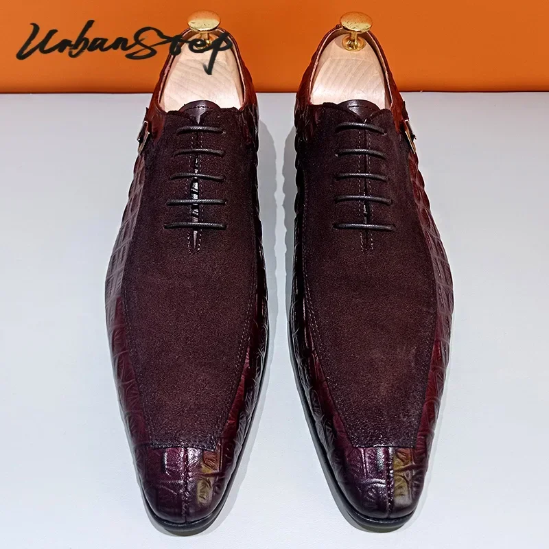 Top Selling Men Oxford Shoes Lace up Split Toe Brown Black Mens Dress Shoes Suede Mix Crocodile Print Leather Shoes Men