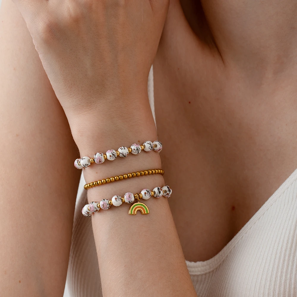 

INS Ceramic Floral Bracelet 18K Gold Plated Rainbow Pendant Stainless Steel Beaded Stretch Bracelet Stackable Jewelry for Women