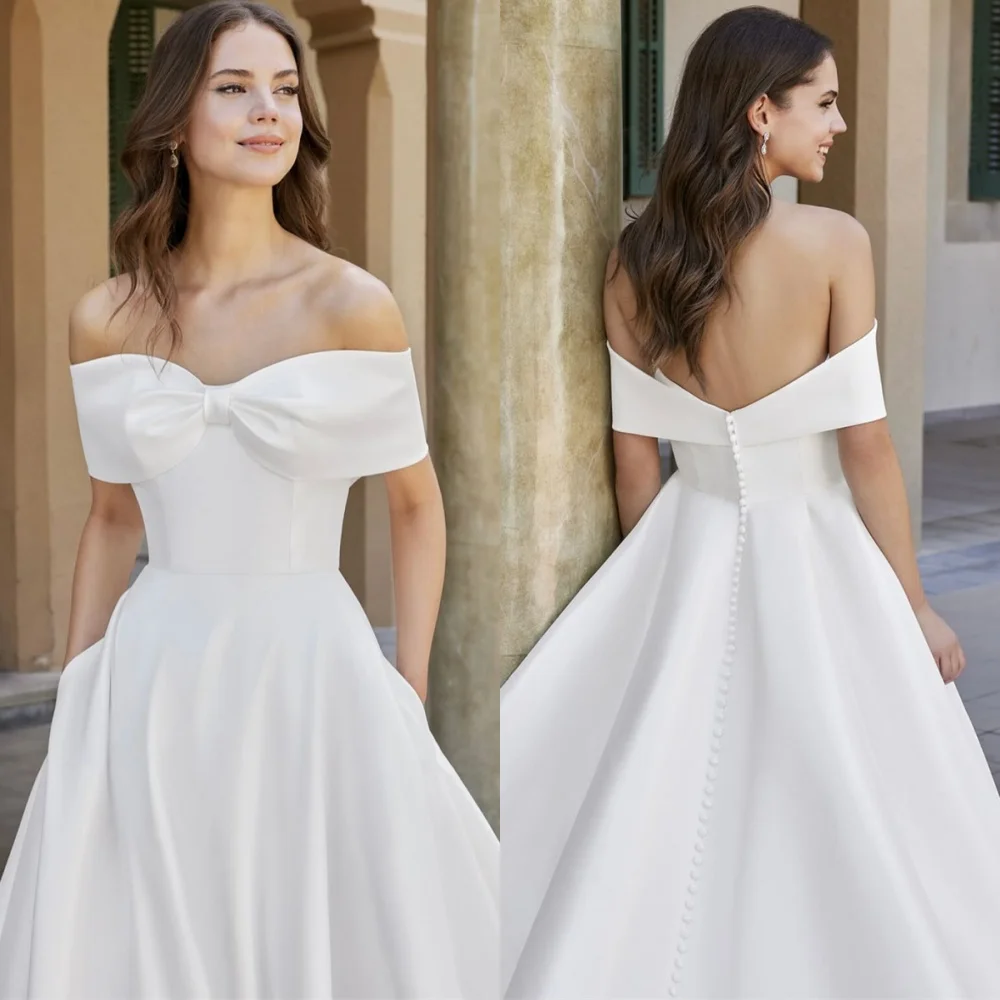 

Customized Classic White Satin Wedding Dresses Dreamy Off the Shoulder Heavy Industry Wedding Dresses Backless Open Bride Gowns