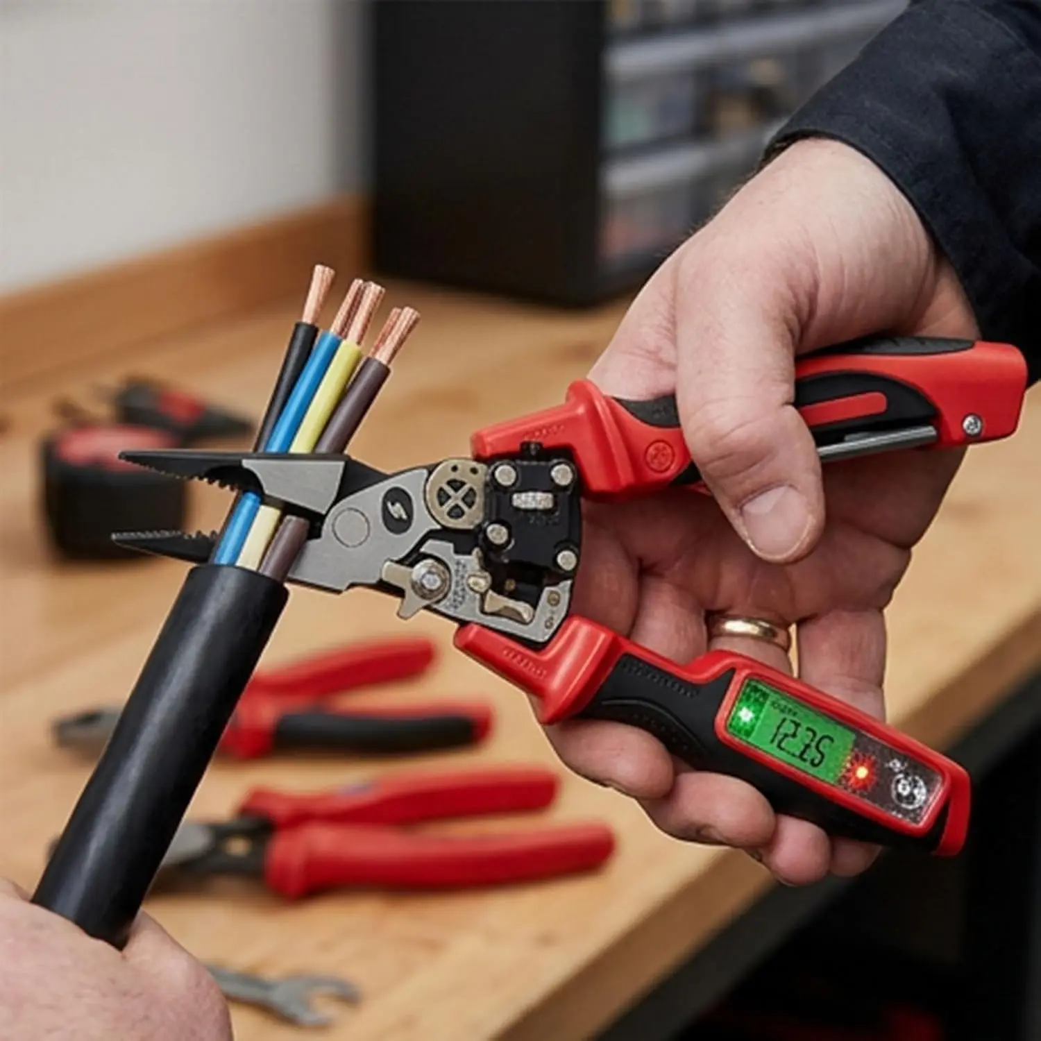 

Hot Alloy Steel Wire Stripping Pliers with Digital Display Voltage Tester Electrician Pliers for Cables Cutting/Peeling/Crimping