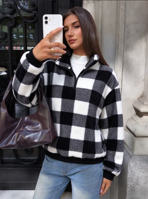 Women Buffalo Plaid Fleece Sweatshirt Half Zip Stand Collar Long Sleeve Loose Pullover Casual Warm Outerwear