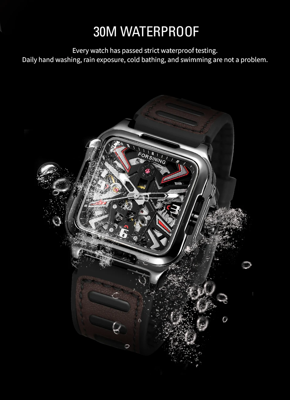 FORSINING Original Square Skeleton Mechanical Men Watch Automatic Movement Clock Field Sport Rubber Band Luxury Replica Watches