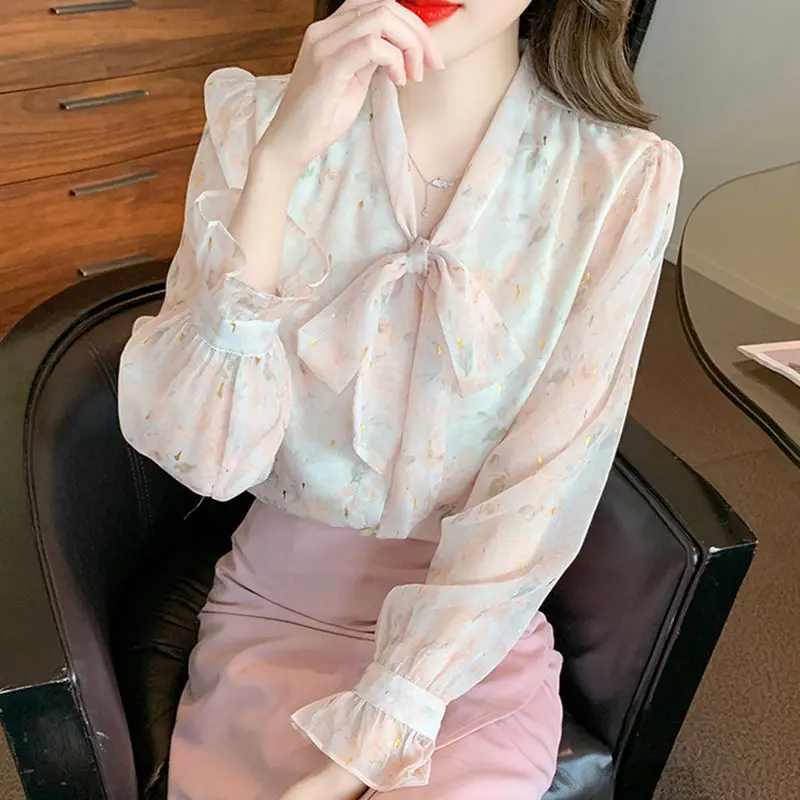 

Women's Clothing Pullover Bow Scarf Collar Petal Long Sleeve Gauze Chiffon T-shirt Comfortable Flattering Spring Summer Tops