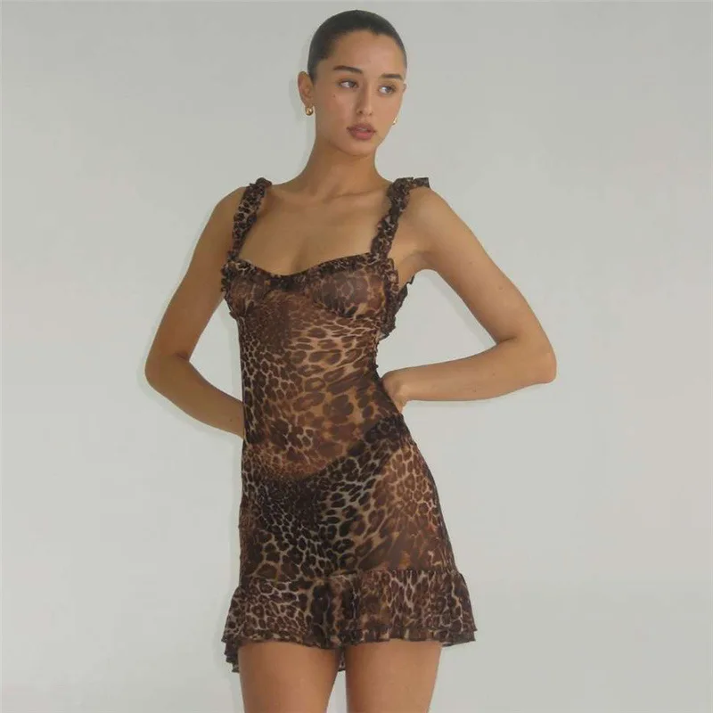 

Leopard Net Wide Strap Women's Party Gown Pleated Deep-V Neck Short Mini Brown Backless Sleeveless Prom Dress Newest In Stock