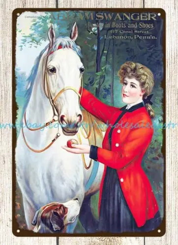 Abramswanger Boots Shoes Lebanon, Pennsylvania lady horse dog metal tin sign