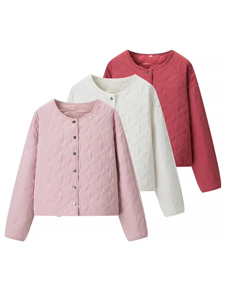 HH Women's Fashion Simple Versatile Round Neck Honed Diamond Jacket Female Elegant Solid Warm Single-breasted Long Sleeve Jacket