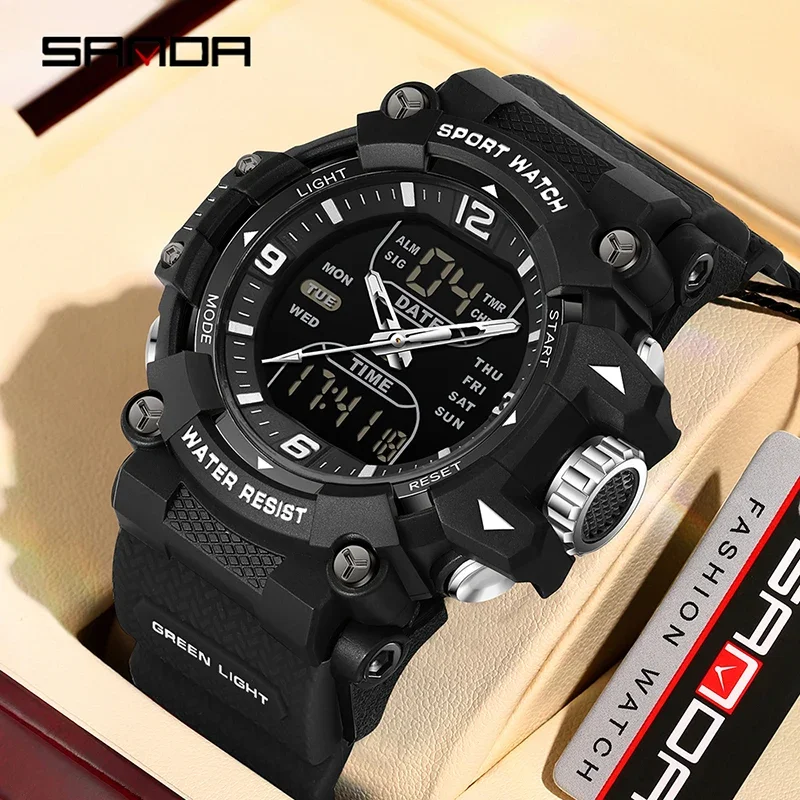 

SANDA LED Digital Clock Dual Display Men's Watches Waterproof Sports Watch Military Man Alarm Stopwatch Quartz Wristwatch Male