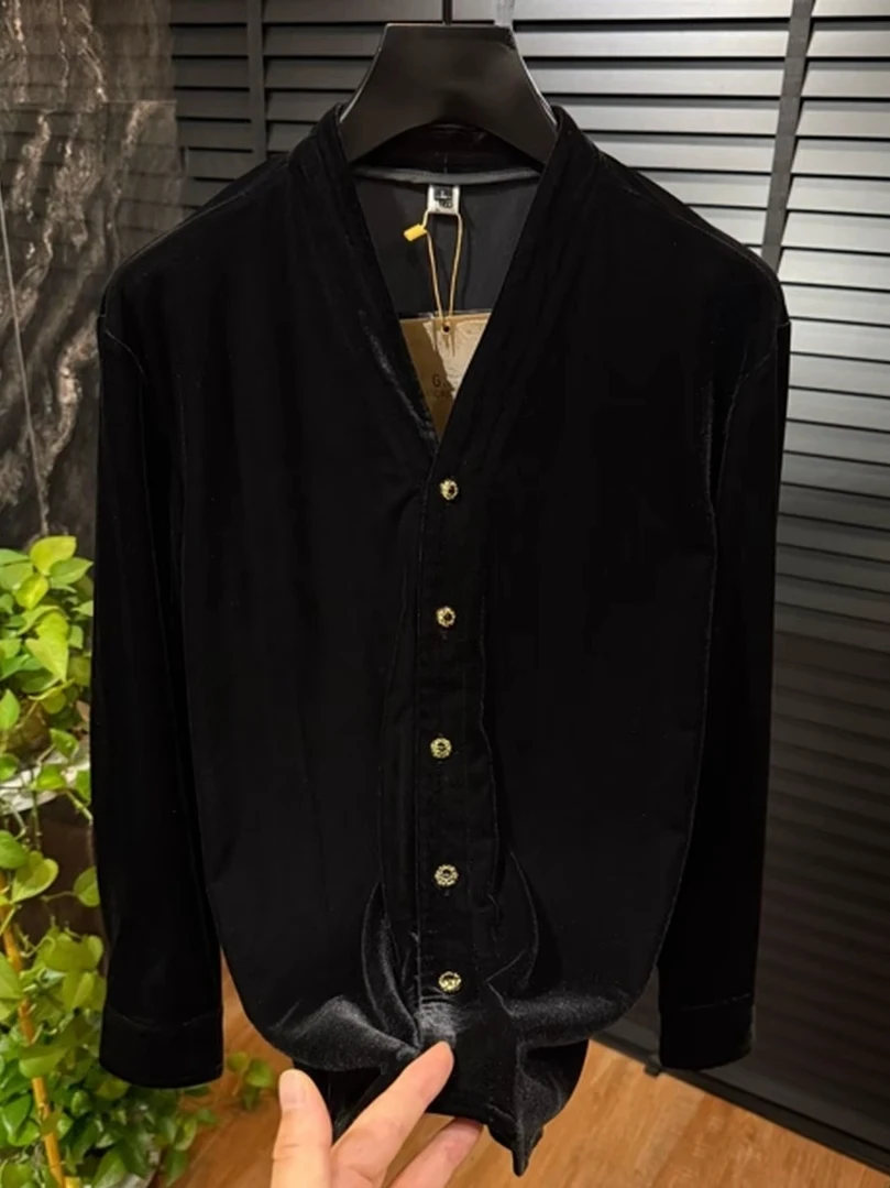 

High Quali Men's Velvet Open Cardigan Long Sve irt Outerwear Faionable Busin Sle Spring Autumn New Arrival