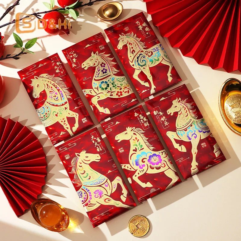 

6Pcs/set Red Paper Chinese New Year Money Envelope Horse Year Red Envelope Red Pocket Spring Festival Envelope