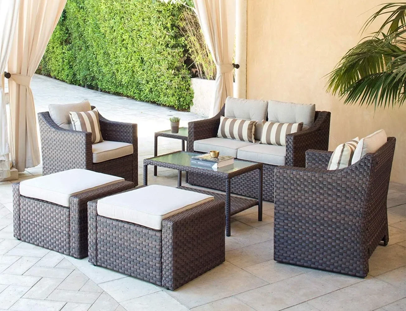 Outdoor Brown Wicker Conversa Móveis Set, Pátio Lounge Cadeiras com Otomano, Loveseat, 7 pcs