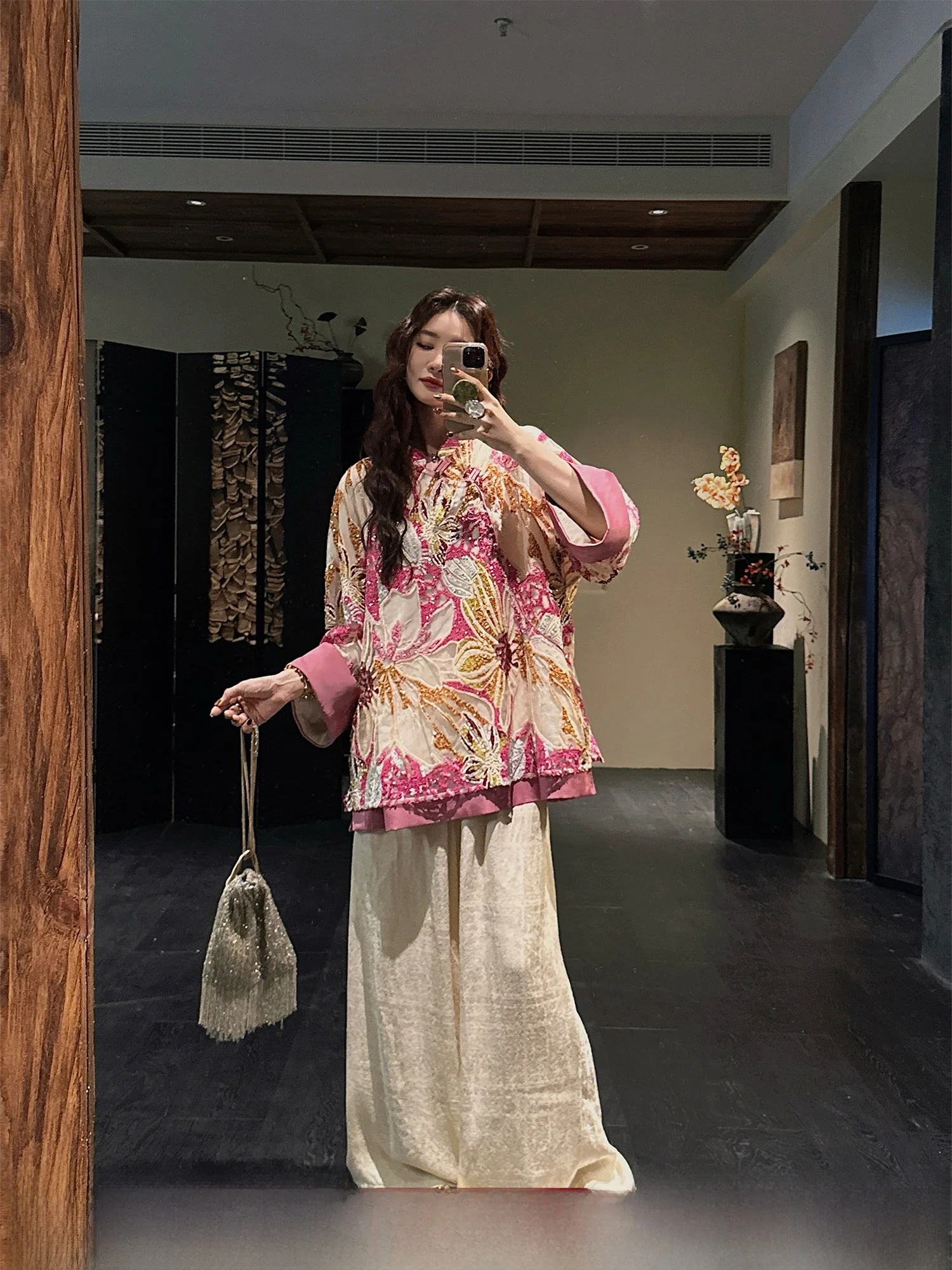 

Sanji Bla Flower Embroidered Bead irt New Chinese Sle Women's Premium Top Sensation Lightweight Luxury Long Sve irt