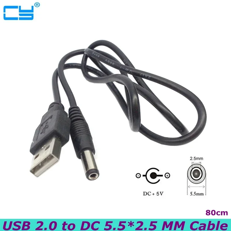 

0.8m USB 2.0 A Type Male to DC 5.5mm 2.5mm Power Plug Barrel Connector 5V Cable Fan, Stereo, Desk Lamp, Printer Charging Cable