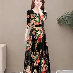 Vintage Printing V-Neck Spliced Folds Floral Long Dress Women's Clothing Autumn Winter Loose Office Lady Ladies Dresses
