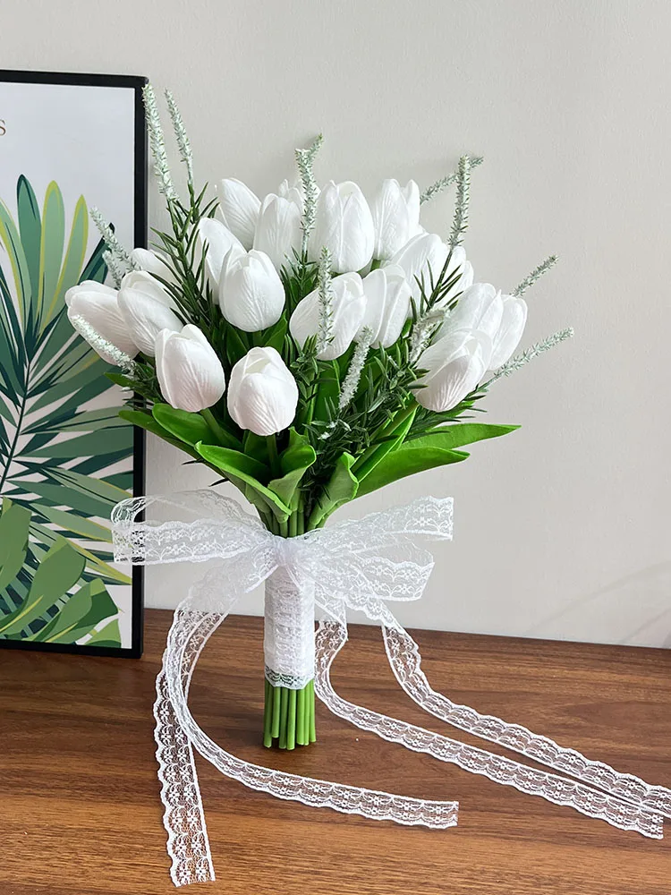 White Bridal Bouquet Wedding Flowers Accessories Tulips Artificial Real Touch Faux Bride Bouquets Centerpieces Party Table Decor