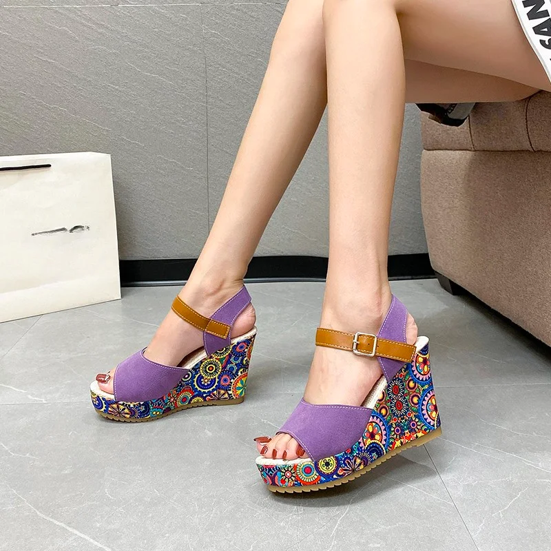 Shoes for Women Summer Wedge Sandals Retro Ethnic Printing Platform Shoes Ladies Casual Ankle Comfortable Sandalias De Mujer