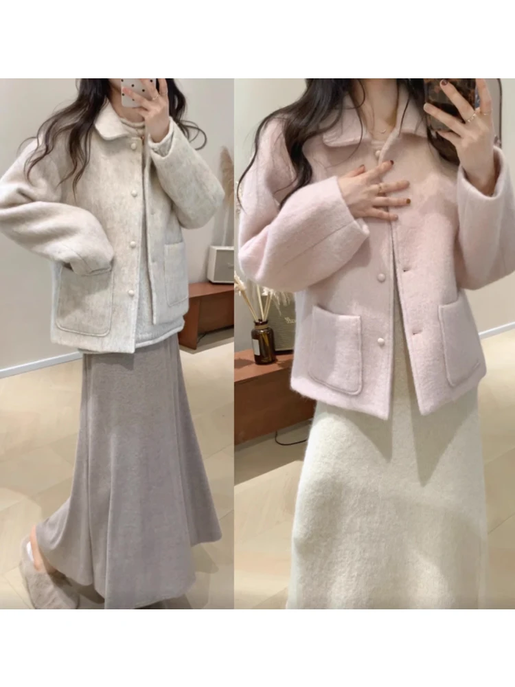 

Ретро-пальто из шерсти с эффектом пушистости, свободного кроя, с маленьким воротником, осенне-зимнее, приталенное, в корейском стиле, на пуговицах, короткое пальто 09