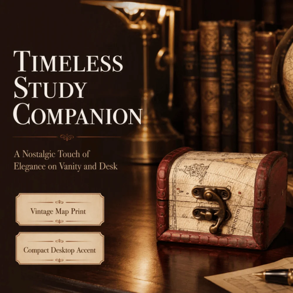 2pcs 8 x 6 x 6 cm Wooden Jewelry Box Composite Wood Vintage Map Print Trinket Box Dark Brown Floral Pattern Wine‑Red Edge Trim