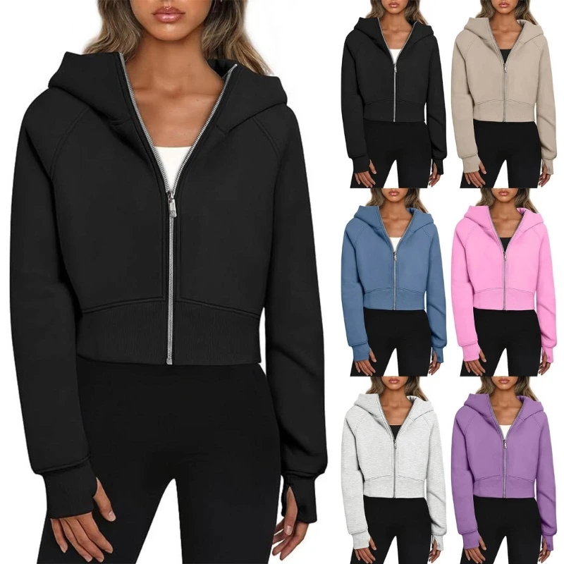 Women Fleece Lined Full Up Cropped Hoodie Sweatshirt Casual Fall Long Sleeve Hooded Crop Top with Thumb Hole