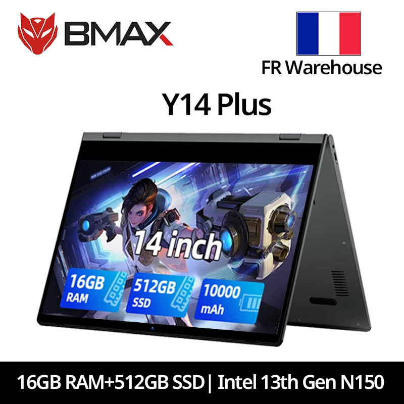 Ordinateur portable BMAX Y14 Plus 14'' IPS FHD, Windows 11, batterie 10000mAh, 16 Go de RAM, 512 Go SSD, processeur Intel N150, clavier numérique USB Type-C, Wifi, USB