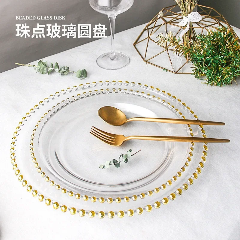 gold-plated bead plate light luxury glass electroplated disc round pearl western food steak plate silver large size bead
